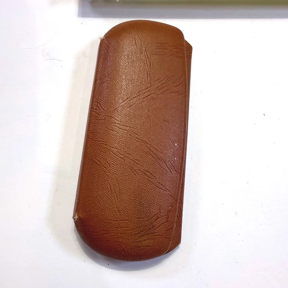 Vintage Brown Faux Leather Hard Shell Eyeglasses Case Green Velvet Lining 6.5in